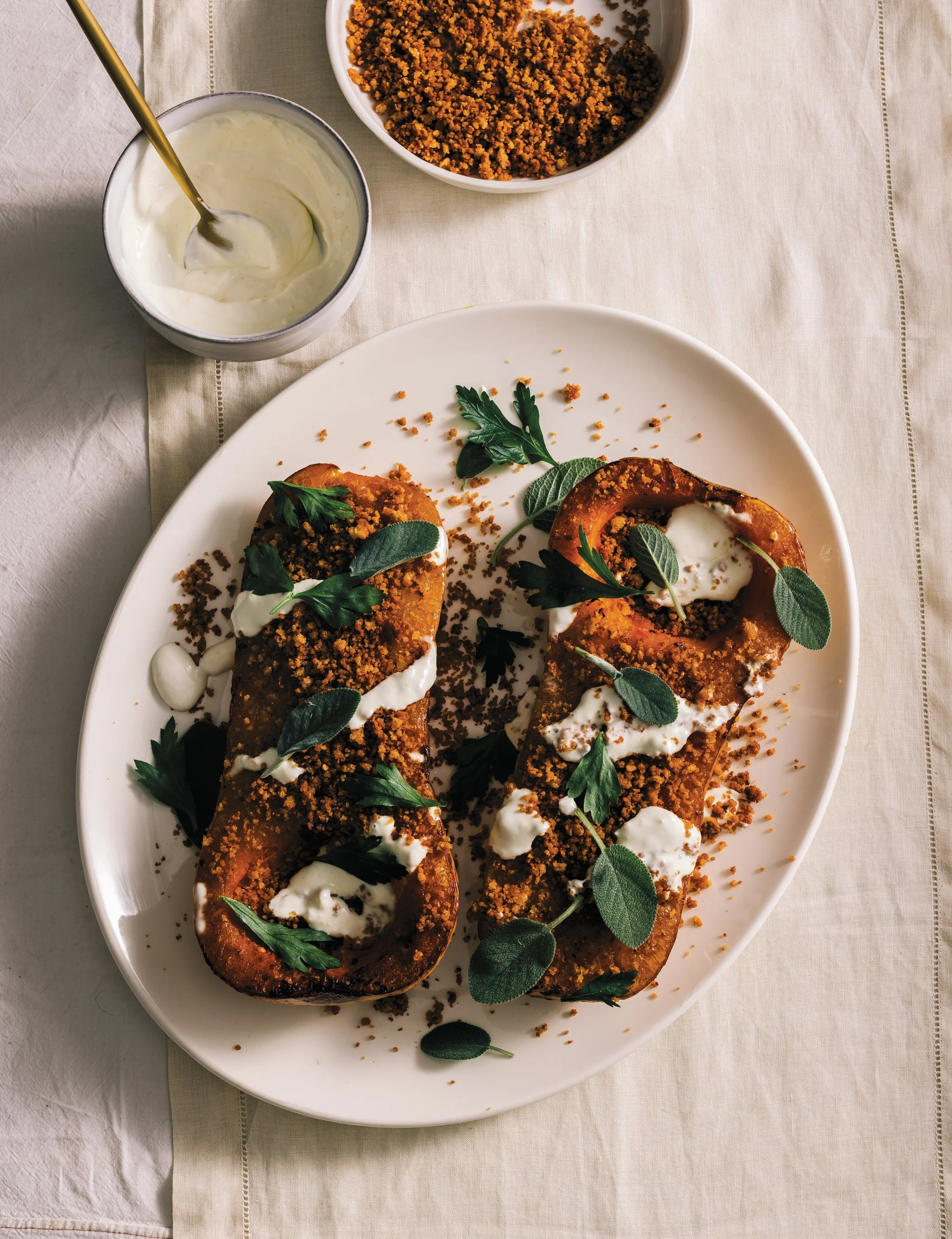 Roasted Butternut Squash with Maple Butter Breadcrumb and Sage Crema
