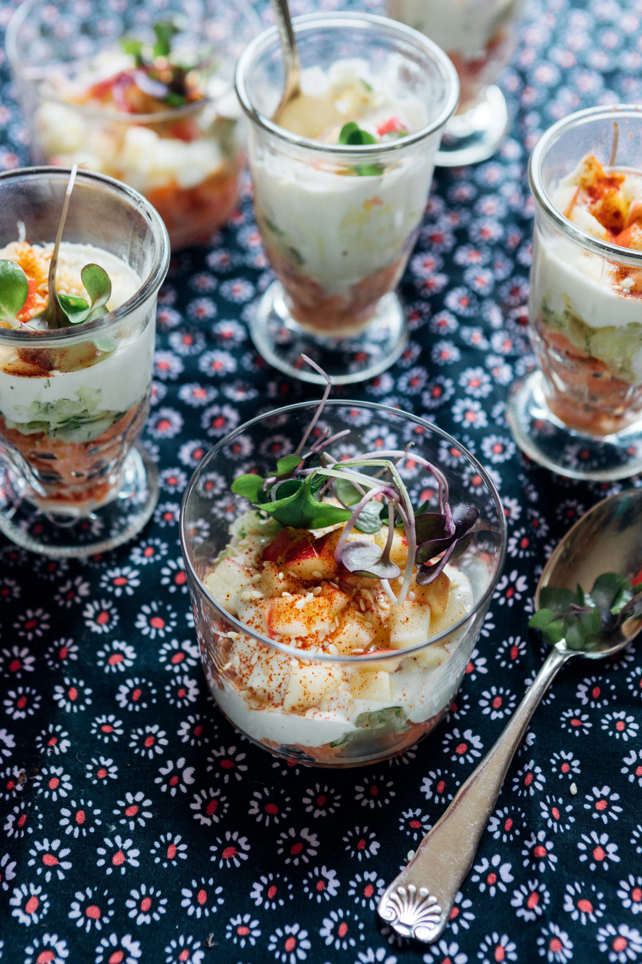 Verrines with Shaved Fennel, Smoked Salmon, Apples and Lime-Yogurt Sauce