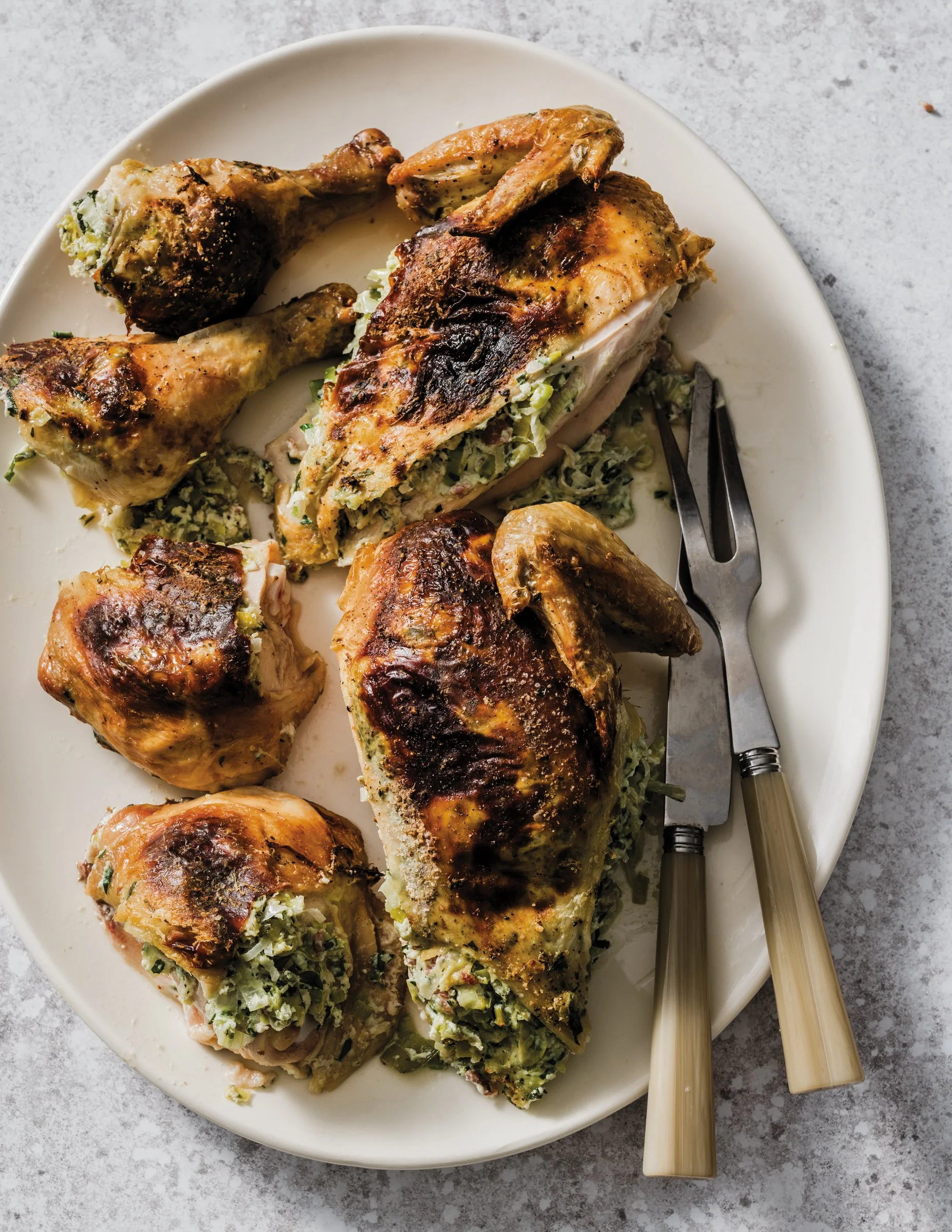 Roasted Chicken Stuffed with Ricotta, Herbs and Pancetta 