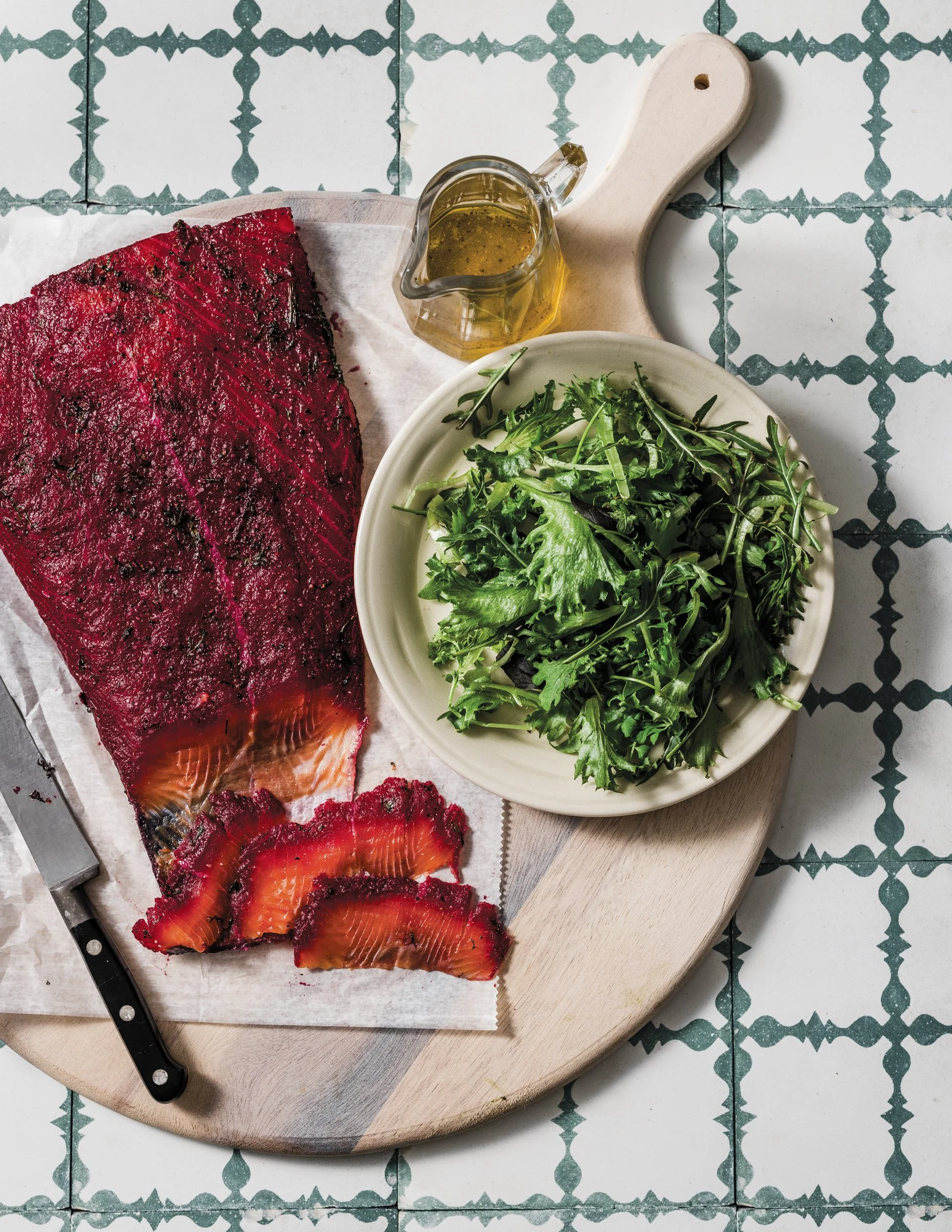 Beet-Cured Salmon with Baby Greens Salad