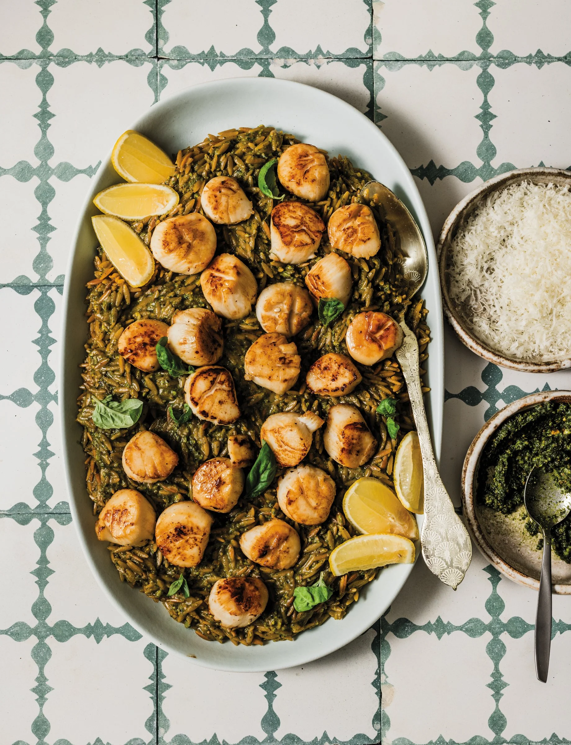 Brown Butter Seared Scallops with Pea Tendril Pesto Orzo