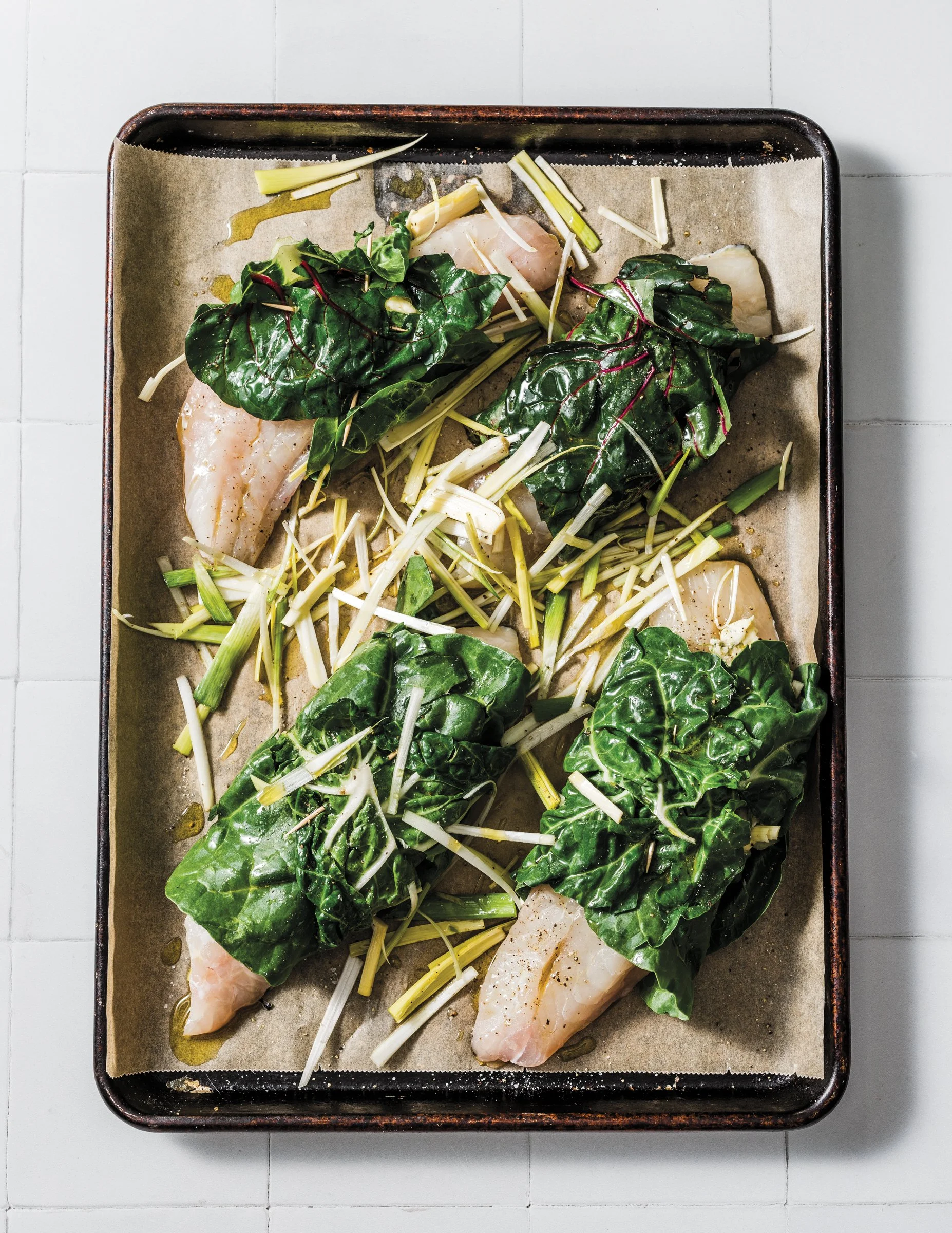Swiss Chard-Wrapped Black Sea Bass with Pickled Chard Stems