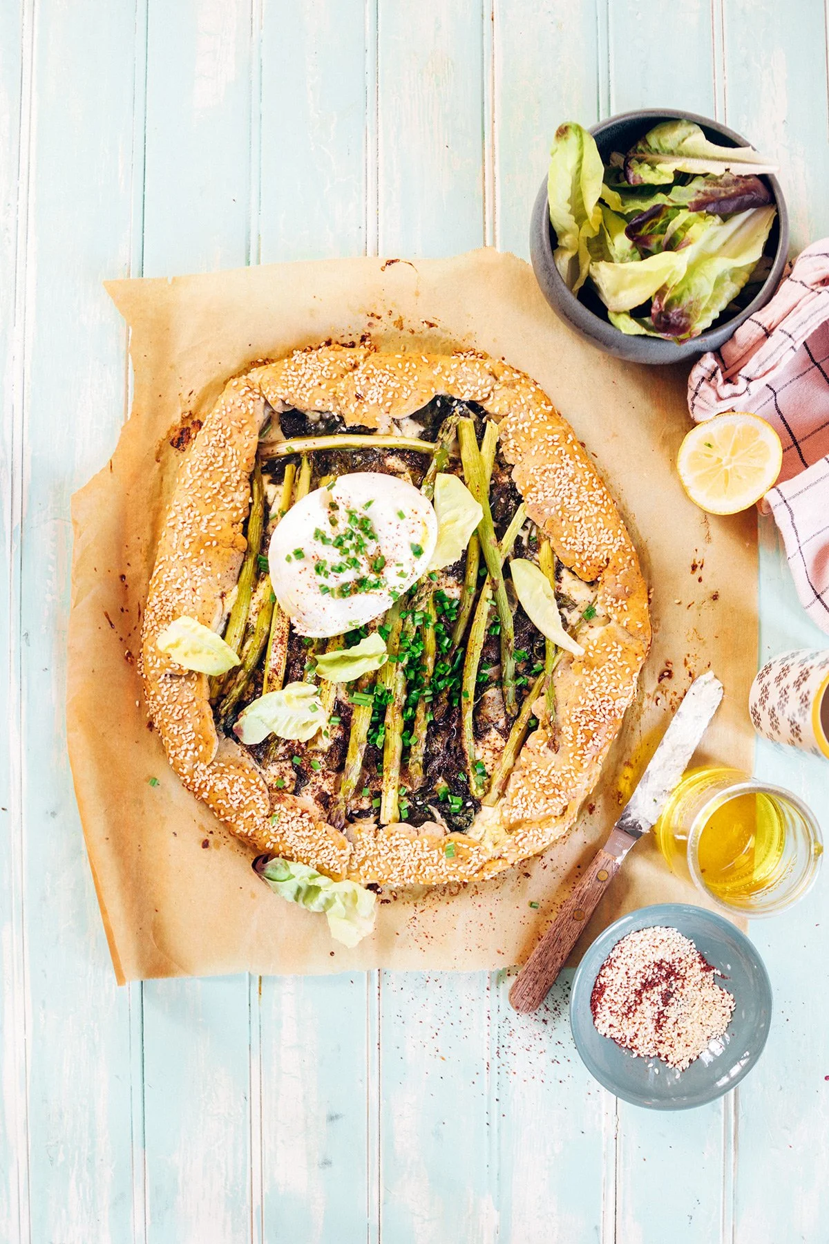 Asparagus and Baby Spinach Galette with Burrata and Sumac