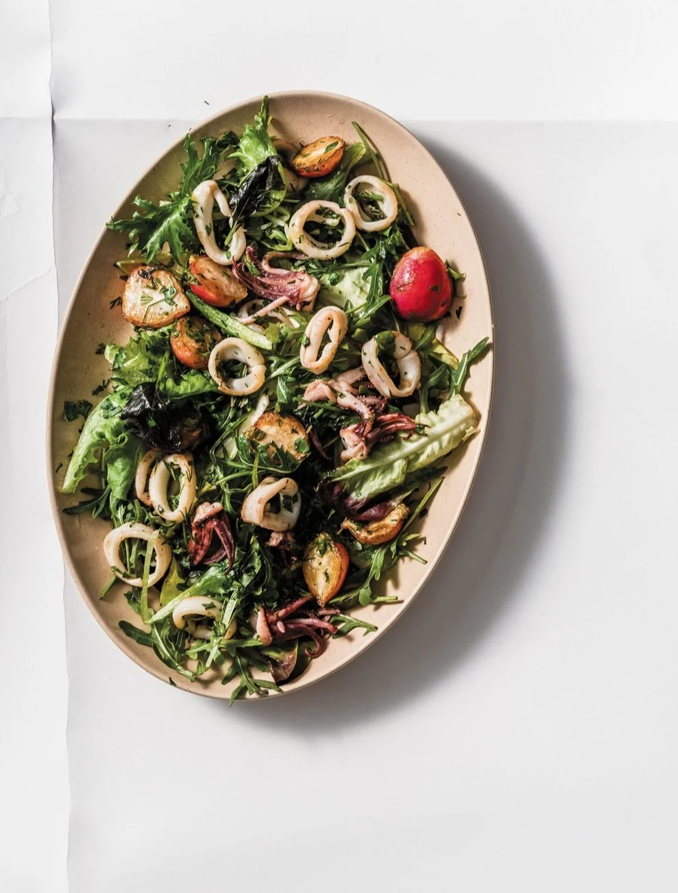 Warm Squid Salad with Roasted Radishes and Herbs