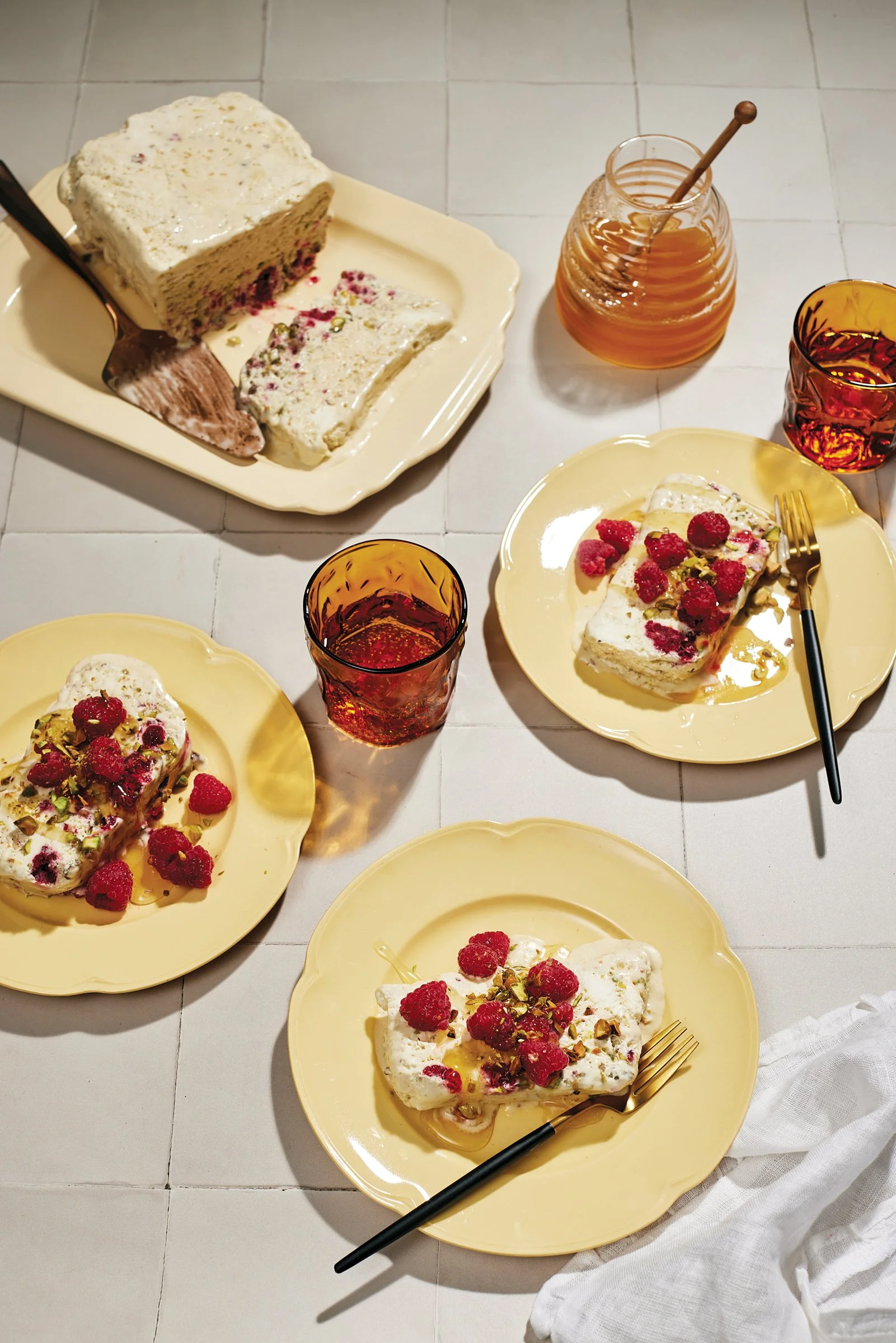Honey Semifreddo with Raspberries and Pistachios