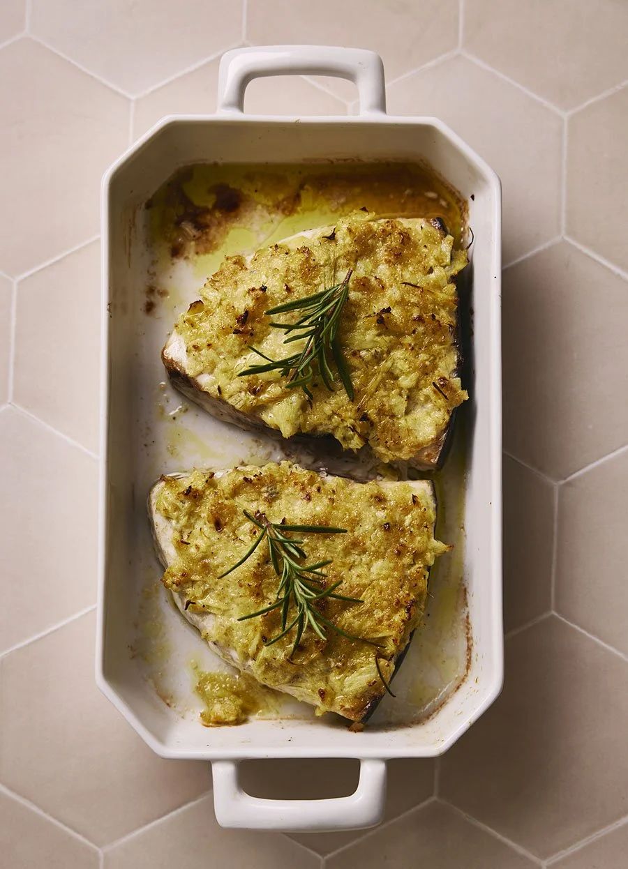 Low and Slow Swordfish Steak with Smashed Artichoke Lemon Pesto Crust