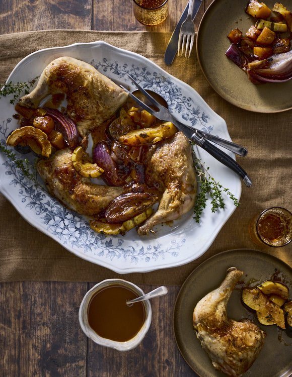 Herb Roasted Chicken and Winter Squash with Orange Balsamic Sauce