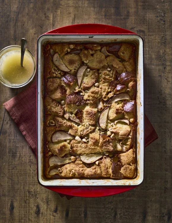 Pear Hazelnut Bread Pudding with Cardamom Glaze