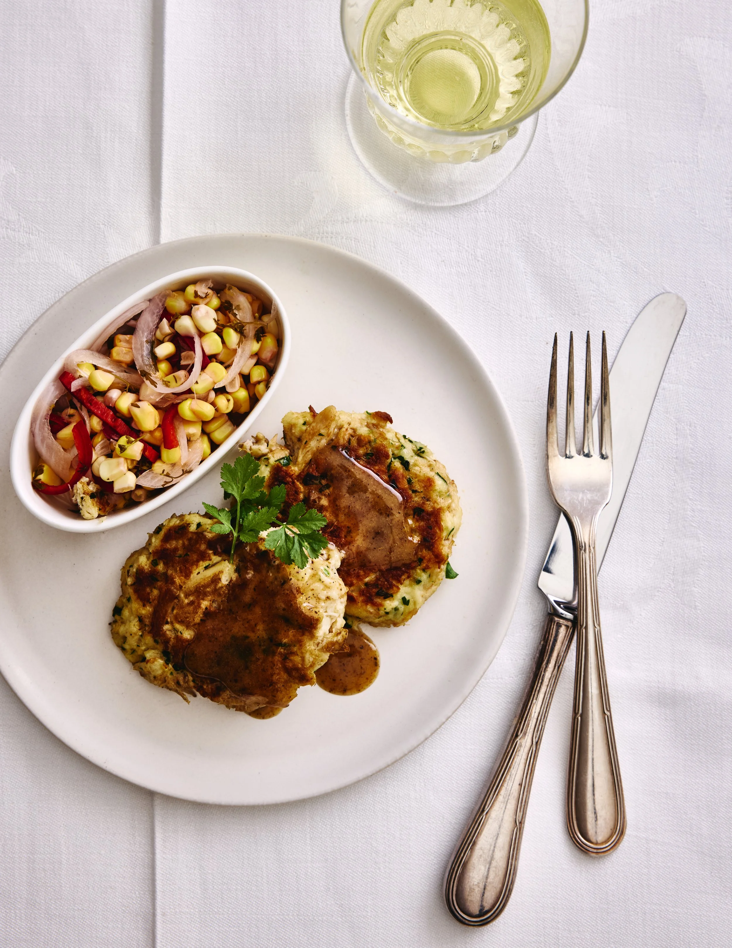 Eastern Shore Lump Crab Cakes with Pickled Corn Relish and Old Bay Beurre Blanc