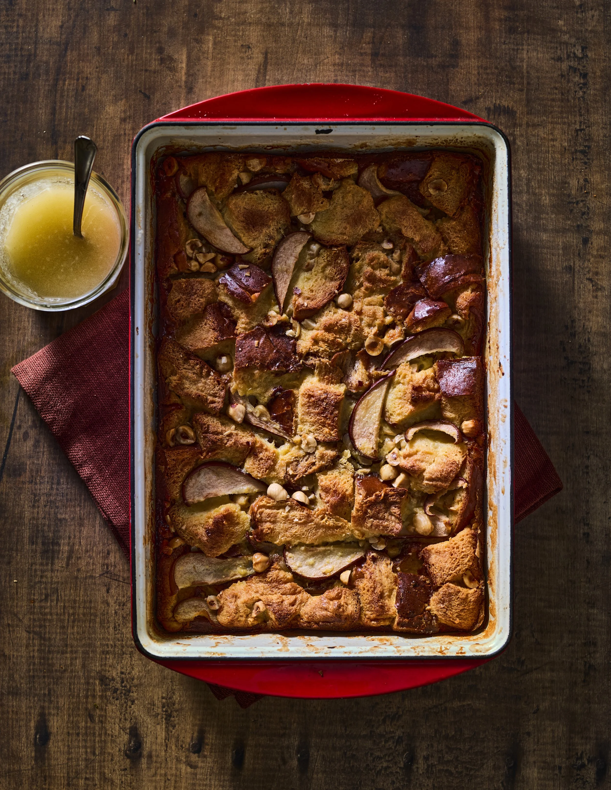 Pear Hazelnut Bread Pudding with Cardamom Glaze