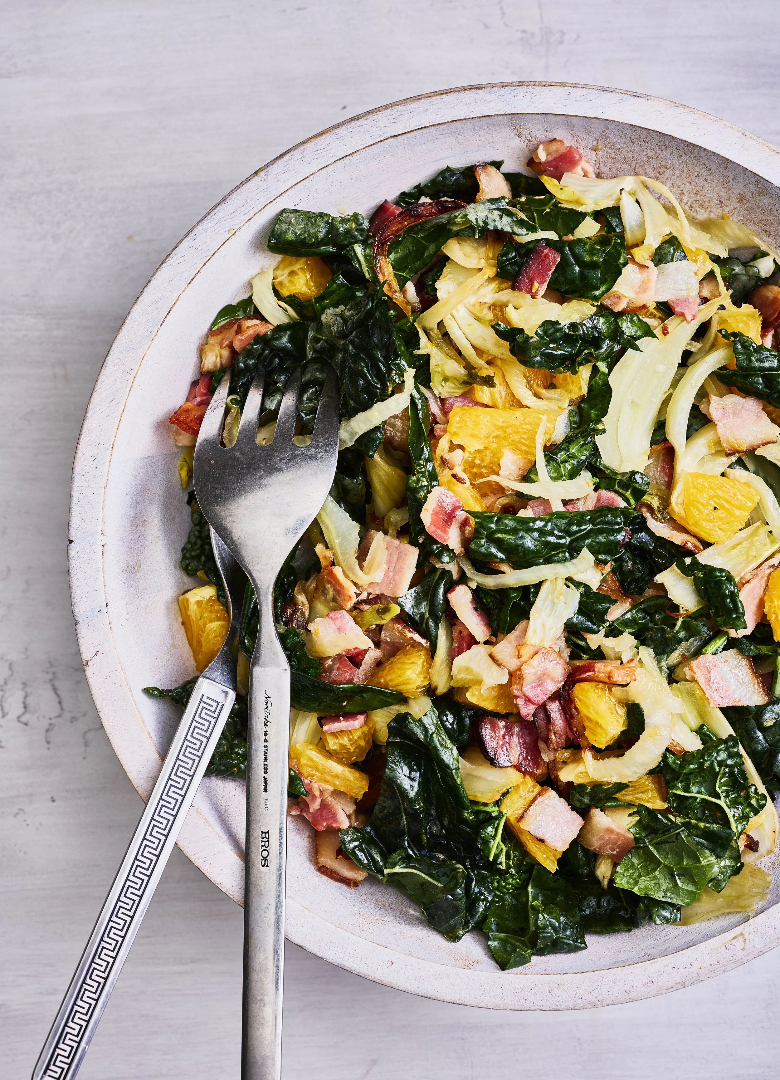 Orange, Fennel and Bacon over Wilted Tuscan Kale