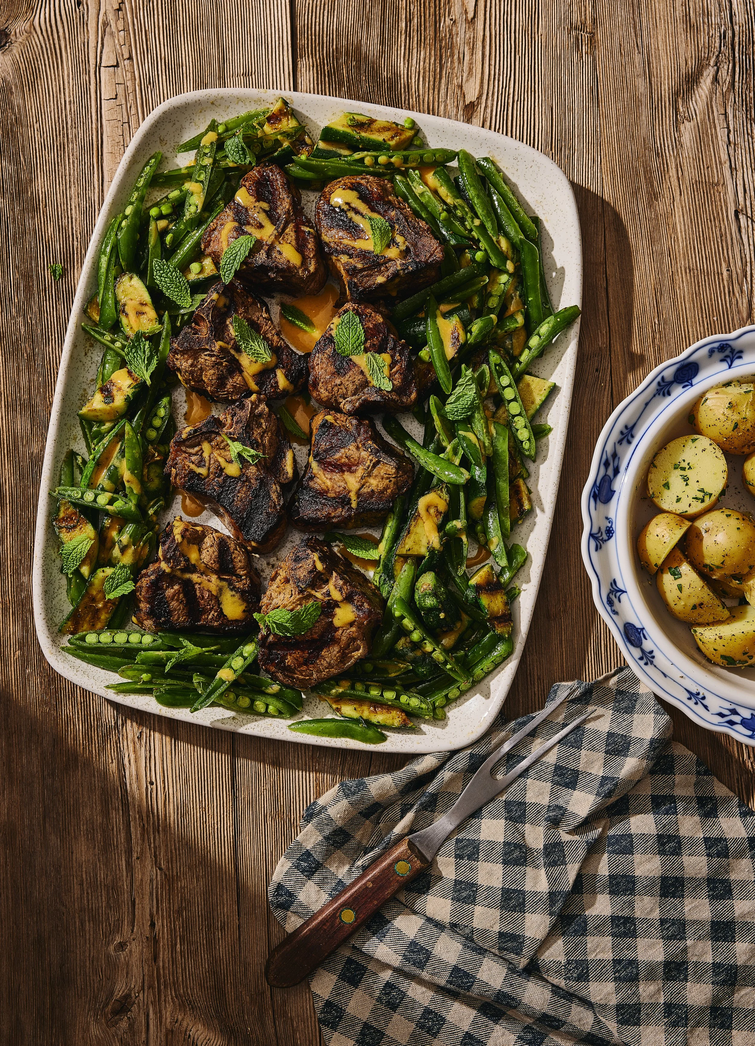 Grilled Baby Lamb Loin Chops with Sugar Snap Peas, Baby Summer Squashes, Mint and Eight-Anchovy Dressing, 