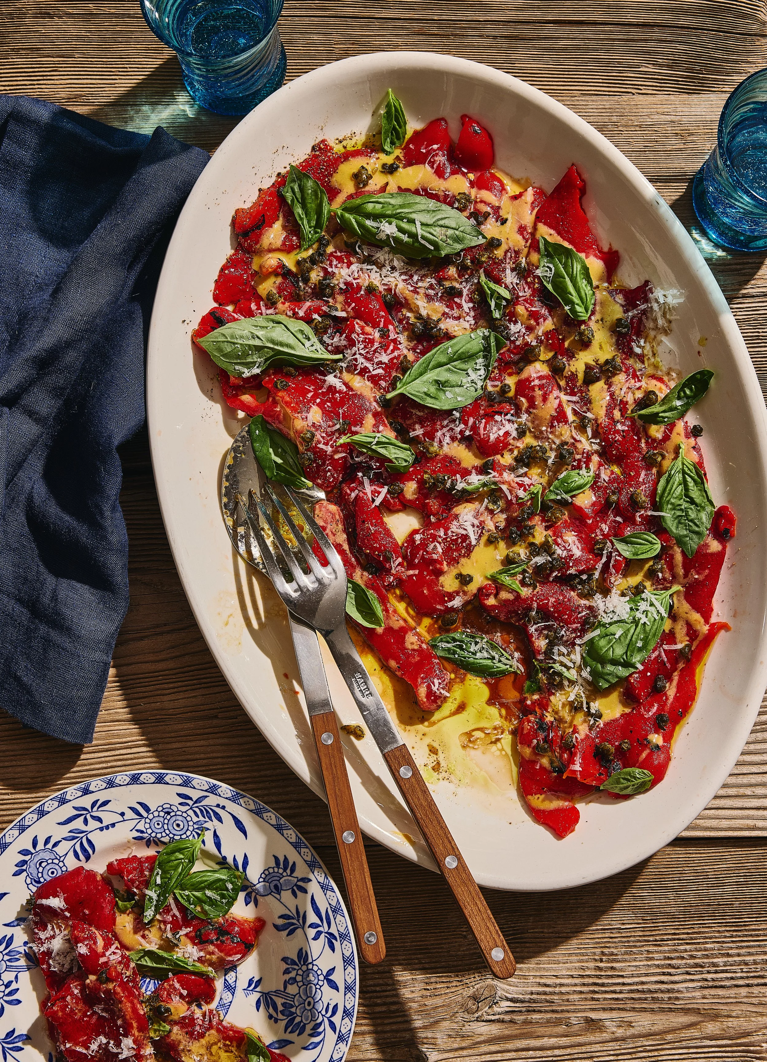 Roasted Red Peppers with Basil, Fried Capers and Eight-Anchovy Dressing