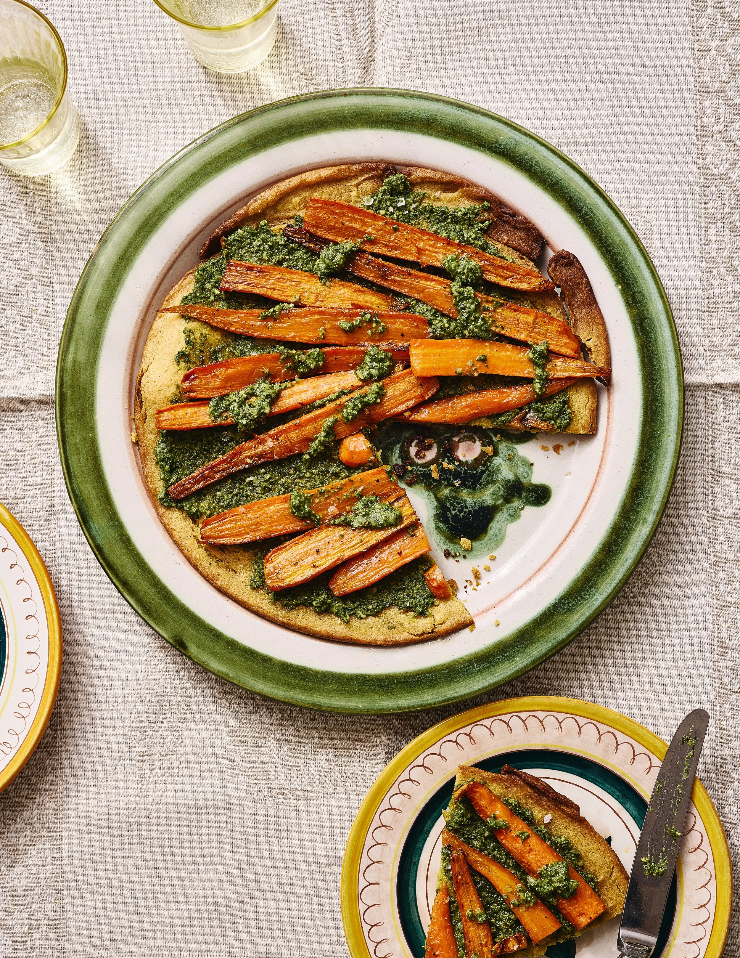 Chickpea Flatbread with Roasted Carrots and Carrot Top Pesto
