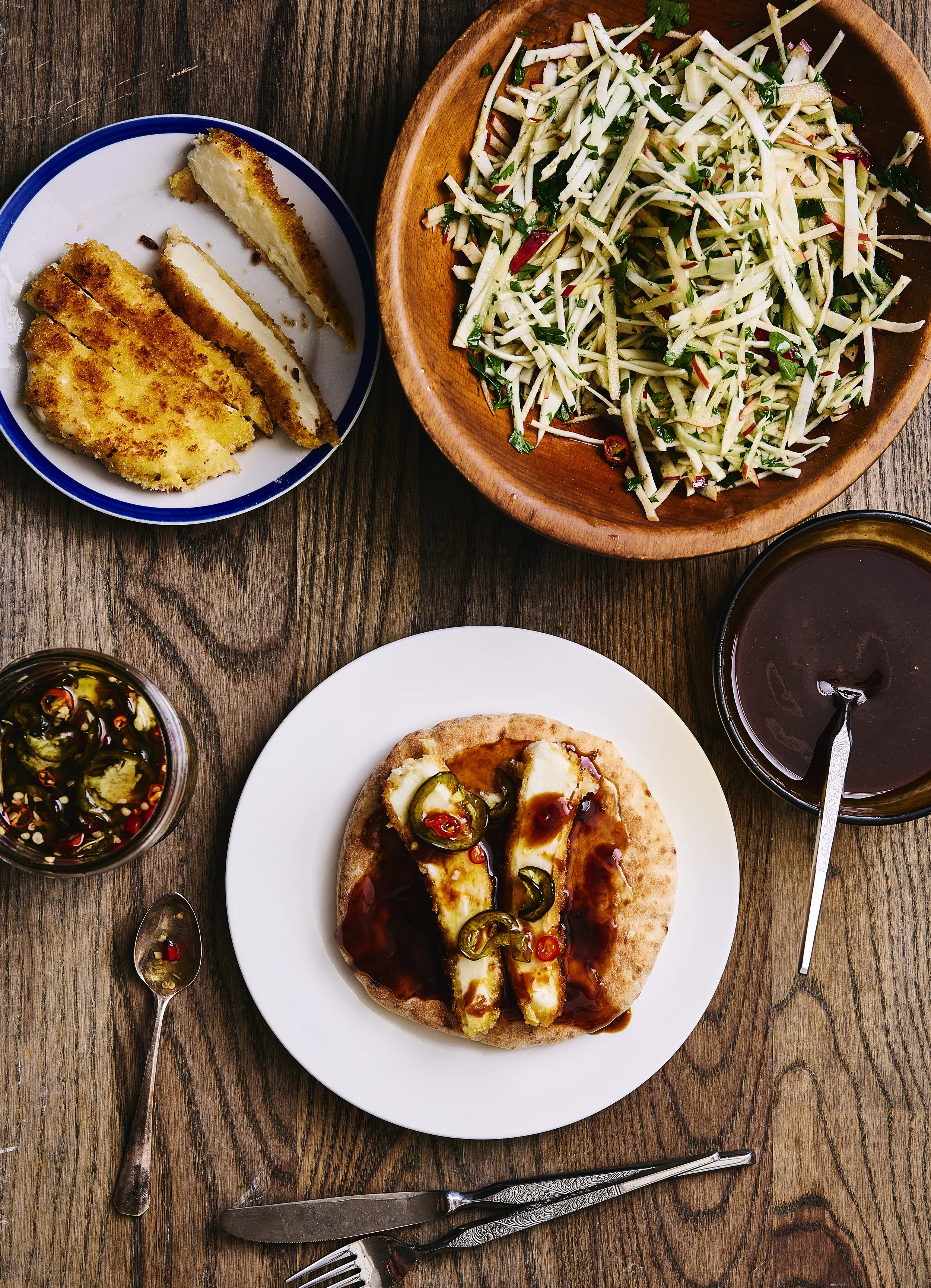 Katsu-Style Halloumi Flatbread with Apple-Celeriac Salad and Fermented Hot Honey