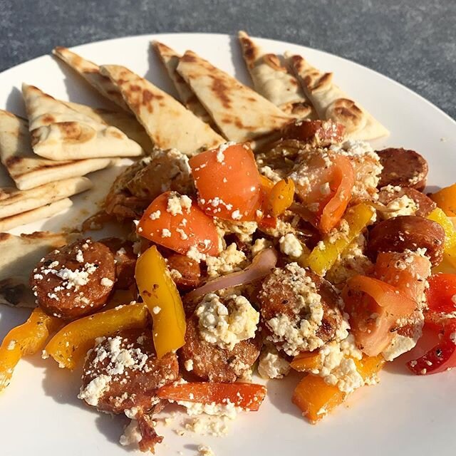Chorizo sausage, shrimp, feta, onions, tomatoes and pepper served with grilled pita 🍽  call for curb side pickup!