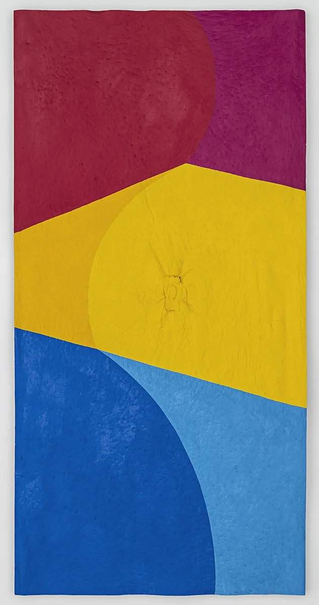 An Edge , Oil and acrylic paint, spray enamel, urethane resin, epoxy polyurethane glue, burlap on wood, 54 x 27 in., 2014