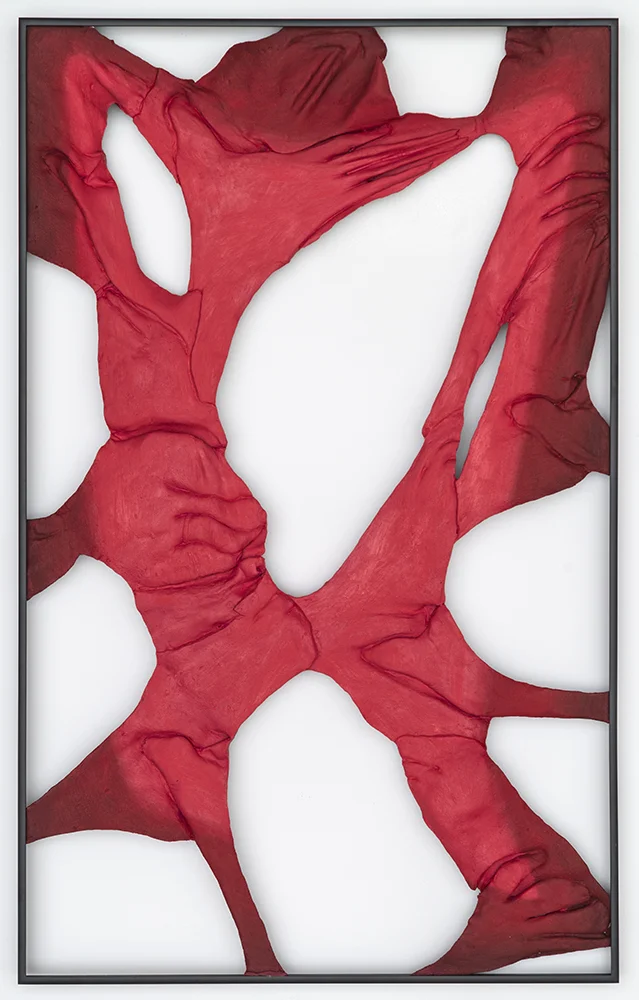 Back to Basics - Red , Oil paint, acrylic paint, spray enamel, urethane resin, epoxy, polyurethane glue, burlap, powder-coated aluminum frames, 37 x 23.5 in each, 2014