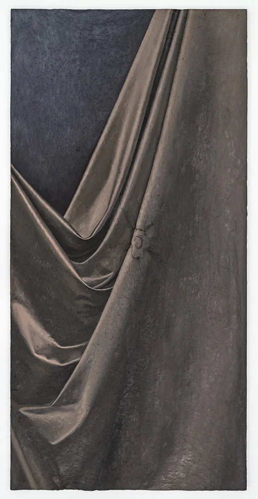 Darkly , Oil paint, acrylic paint, spray enamel, urethane resin, epoxy, polyurethane glue, burlap on wood, 54 x 27 in., 2014