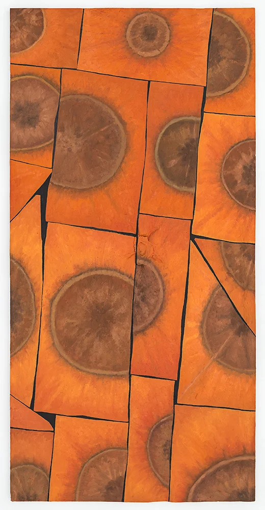 The Stubborn Double 2 , Oil paint, acrylic paint, spray enamel, urethane resin, epoxy polyurethane glue, burlap on wood, 54 x 27 in., 2014