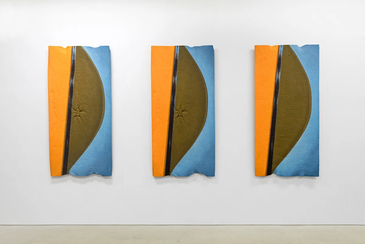 Duck Duck Goose (Looking Glass, Looking Blue) , Oil and acrylic paint, urethane resin, fiberglass, urethane glue, aluminum framing, 3 parts: each 56 x 27 in., 2016