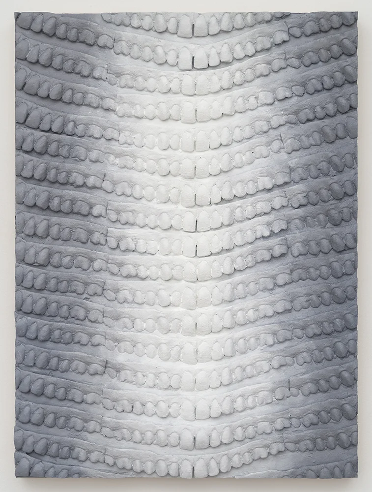 Routinely (Leeza Smiles) , Oil paint, various plastics, and spray paint on wood panel, 16 x 12 in., 2014