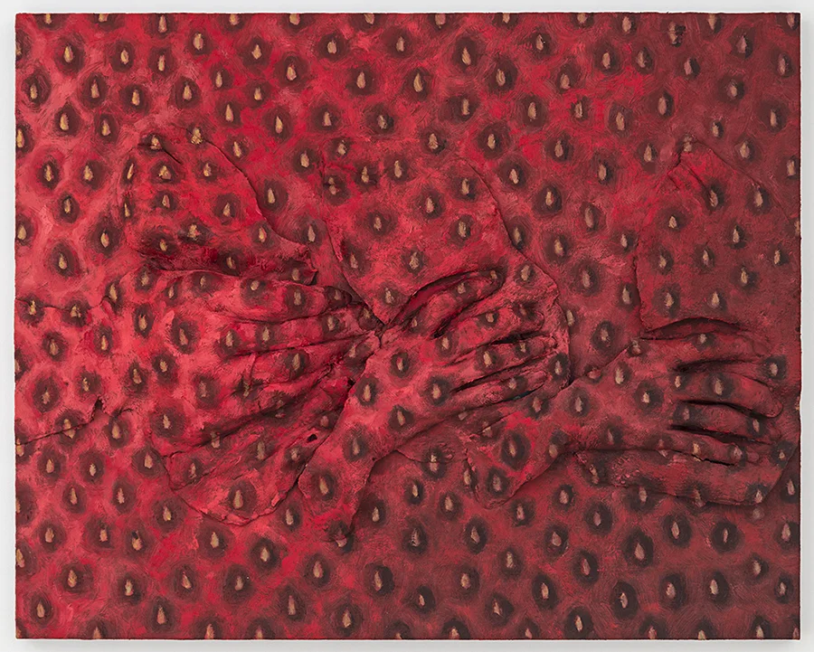 Back to Basics (Strawberry Choke) , Oil paint, acrylic paint, urethane resin, polyurethane glue on wood panel, 16 x 12 in., 2015