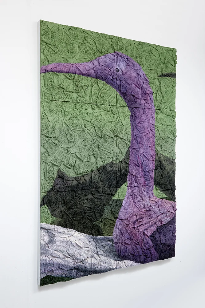 Drift (Bird and Mirror) , Oil paint, acrylic paint, urethane resin, epoxy, urethane glue on dibond panel, 68x48 in., side view, 2017