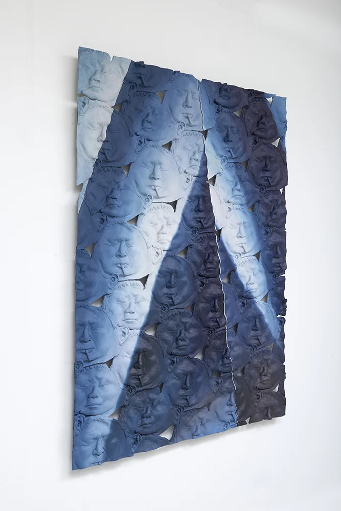 Looking Glass Looking Blue (Mom and Dad) , Oil paint, acrylic paint, urethane resin, epoxy, fiberglass, urethane glue, aluminum framing, 58x42 in., side view, 2017