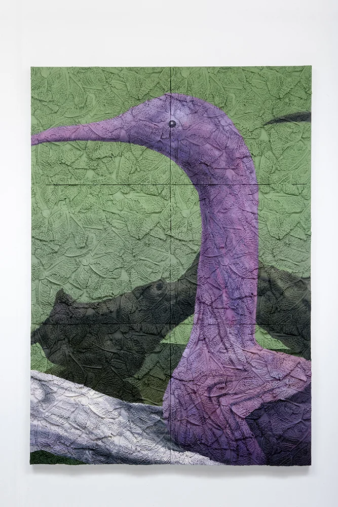 Drift (Bird and Mirror) , Oil paint, acrylic paint, urethane resin, epoxy, urethane glue on dibond panel, 68x48 in., 2017 Photo: Tony Luong