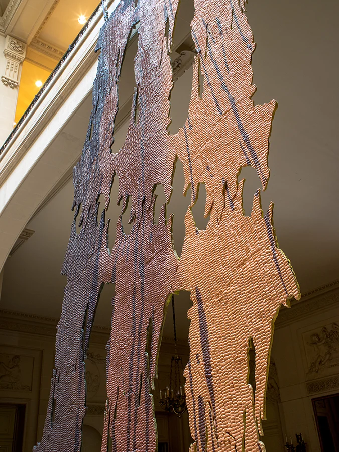 REJUVENATE AND REPEAT - Installation view at the Institute of Fine Arts - New York University, Oil paint, acrylic paint, urethane resin, fiberglass, epoxy, foam, steel hardware, 19.5 ft x 8.5 ft x 3 in., 2016-17, back view