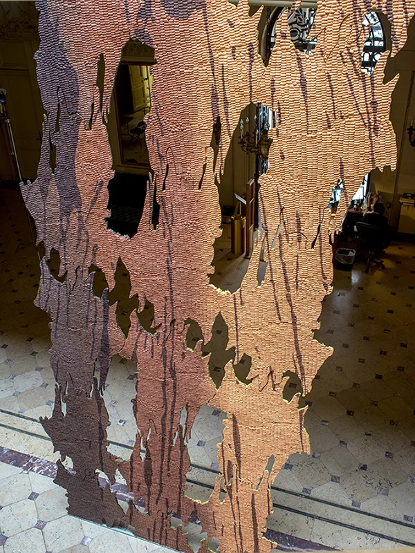 REJUVENATE AND REPEAT - Installation view at the Institute of Fine Arts - New York University, Oil paint, acrylic paint, urethane resin, fiberglass, epoxy, foam, steel hardware, 19.5 ft x 8.5 ft x 3 in., 2016-17, back view