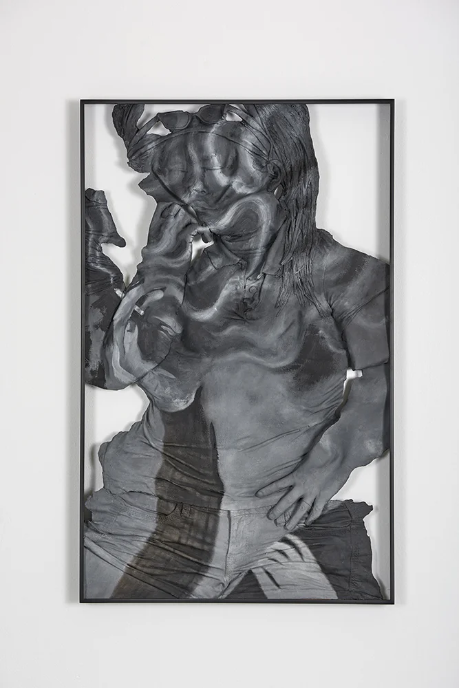 Auto-Synthetic (Conceptual Smoker) , Oil paint, acrylic paint, urethane resin, epoxy, fiberglass, powder-coated aluminum frame, 37 x 23.5 x 2 in., 2018. Photo: Tony Luong