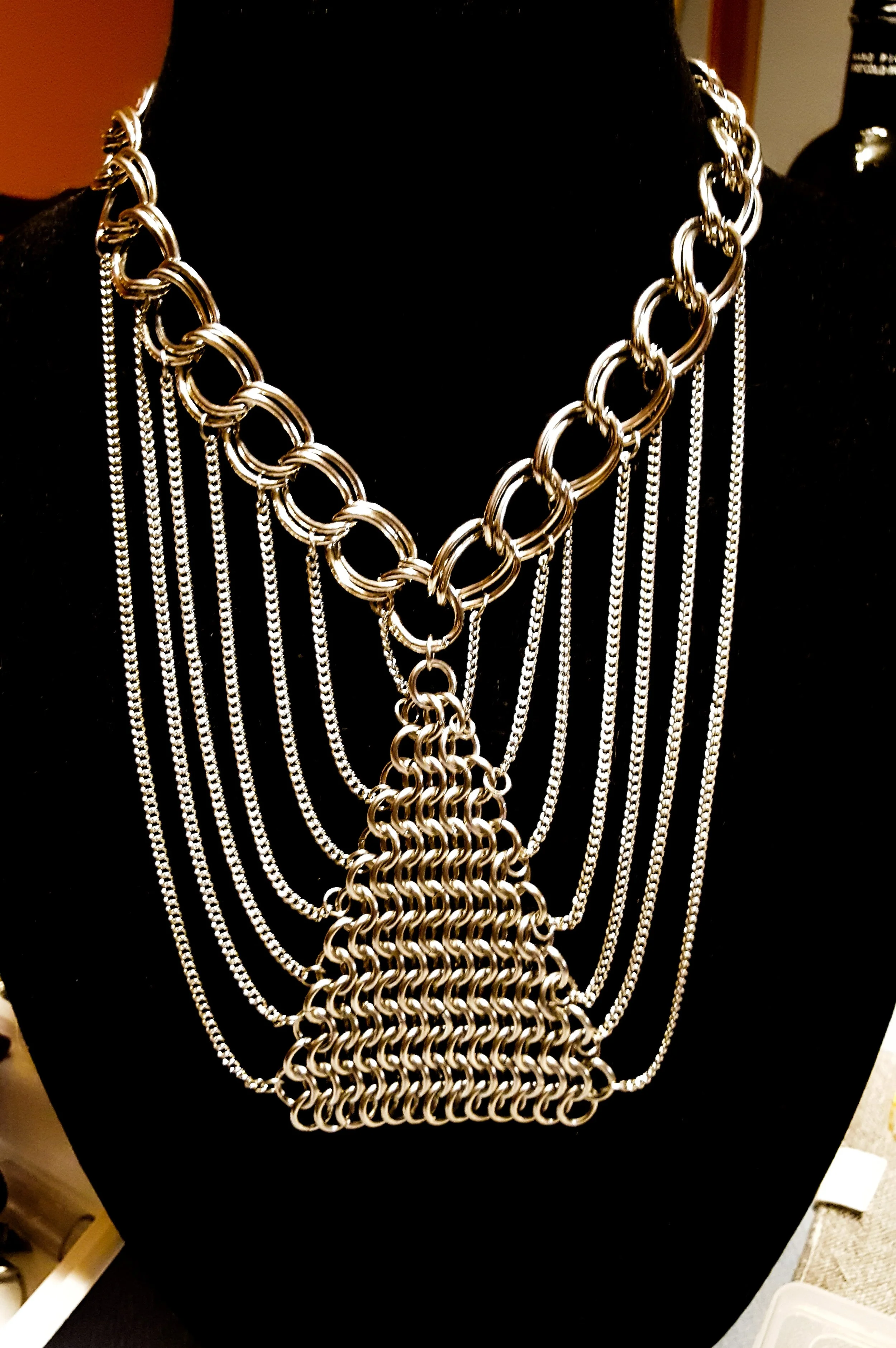 Steel necklace with Triangle Focal chainmail and cascading chains original design.jpg