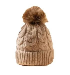 Toddler-Sized Tan Pom-Pom Hat