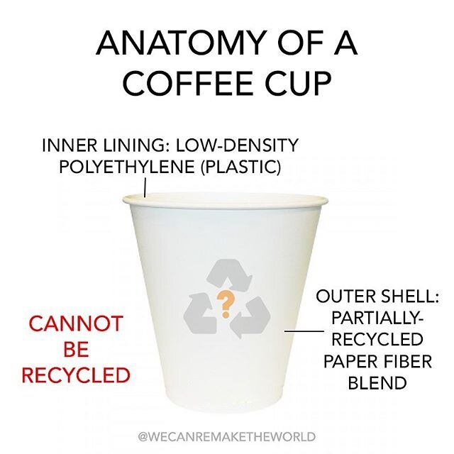 did you know that coffee cups are not actually recyclable?

ever wonder how your hot coffee or tea doesn&rsquo;t creep through the paper and burn your hands? that&rsquo;s due to plastic, friends

disposable coffee cups are lined with a plastic coatin