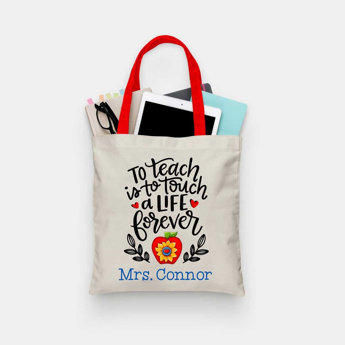 T is for Teacher Large Tote Bag - Canvas Zipper Bag - Christmas