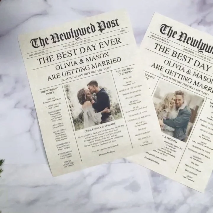Create unique newspaper wedding programs for your ceremony. Learn how at creativeuniondesign.com. Short link: bit.ly/3sf2VGE

#weddinginspiration #weddingideas #weddinginspo #weddingblog #weddingdetails #weddingdecor #weddingprogram #diyweddingdecor