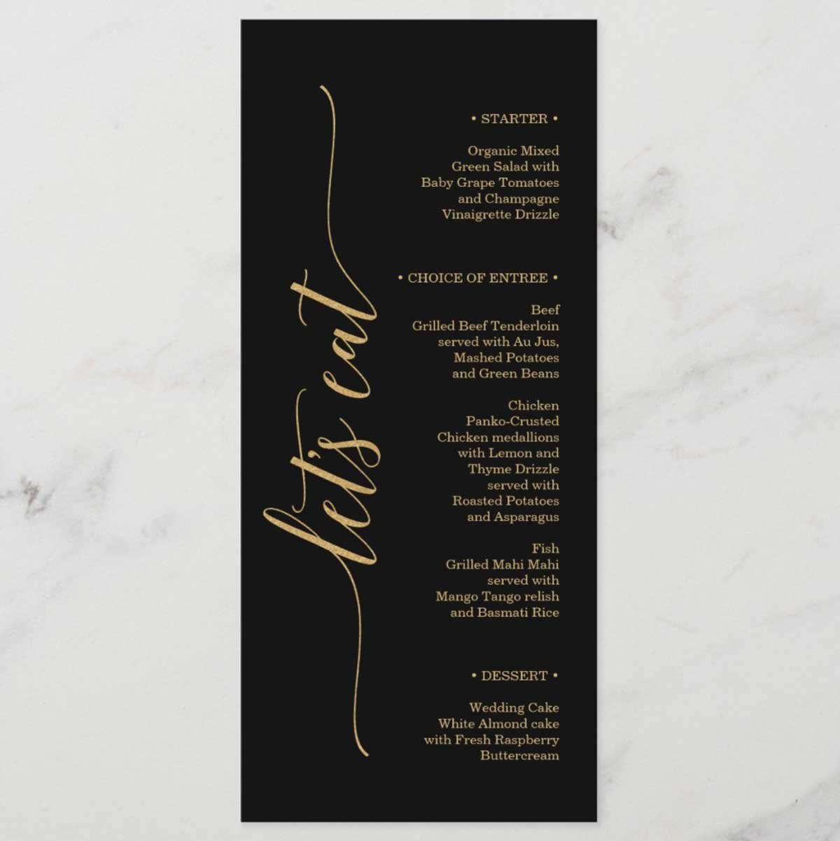 black and gold wedding menu's