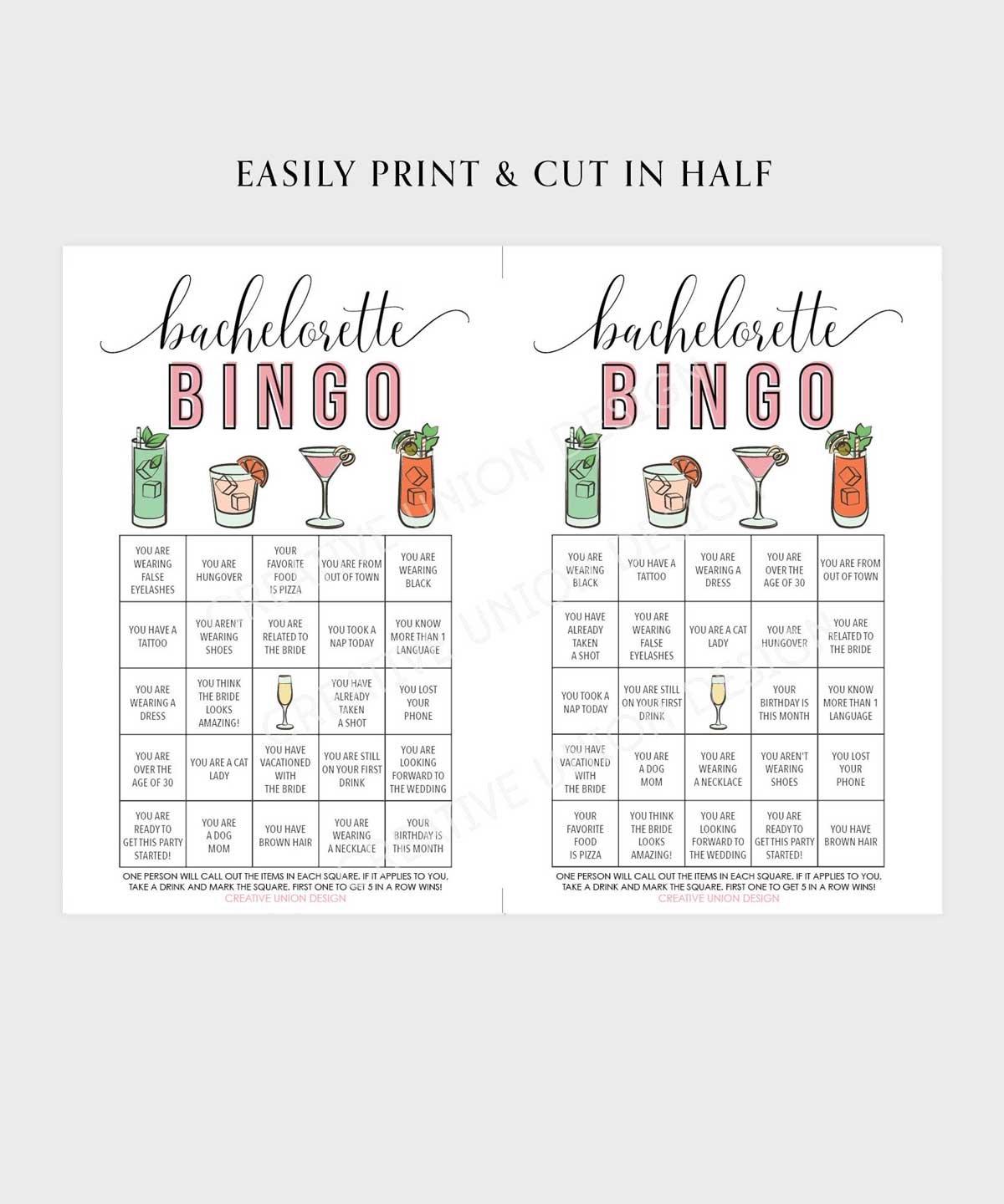 Printable Bachelorette Party Bingo Game - Vintage Cocktail Theme