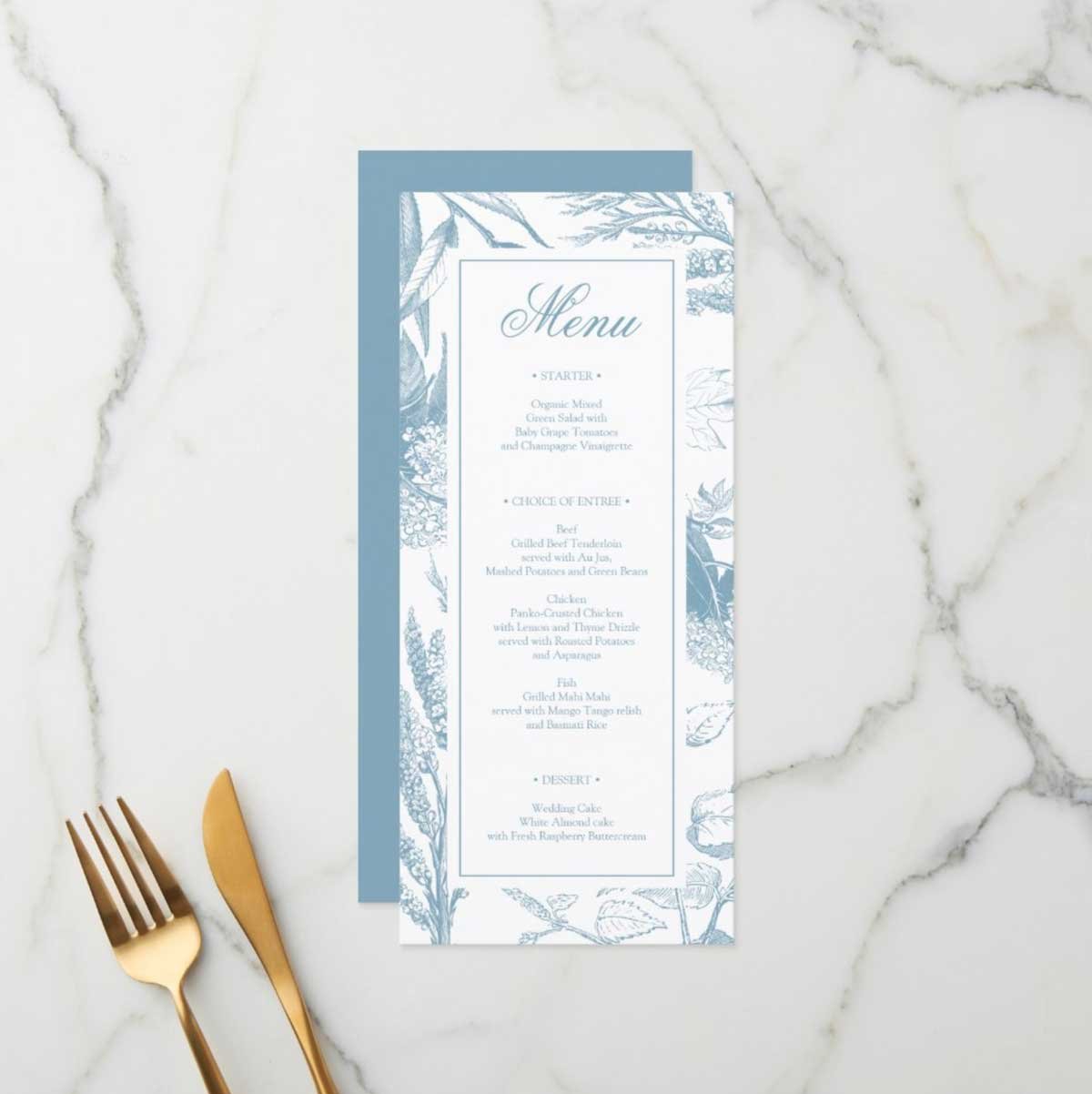 dusty blue wedding menu's