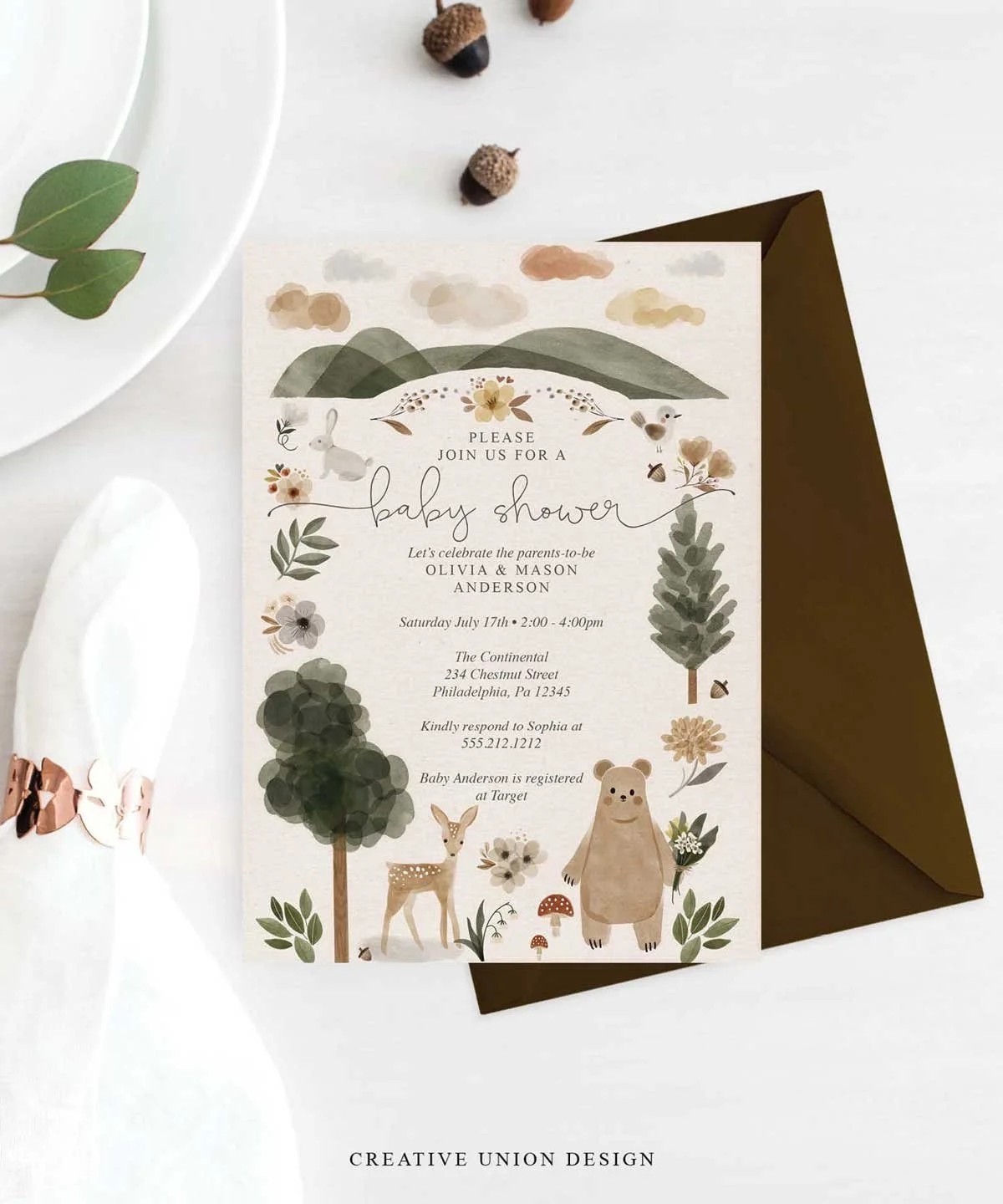Printable Boho Woodland Baby Shower Invitation Template