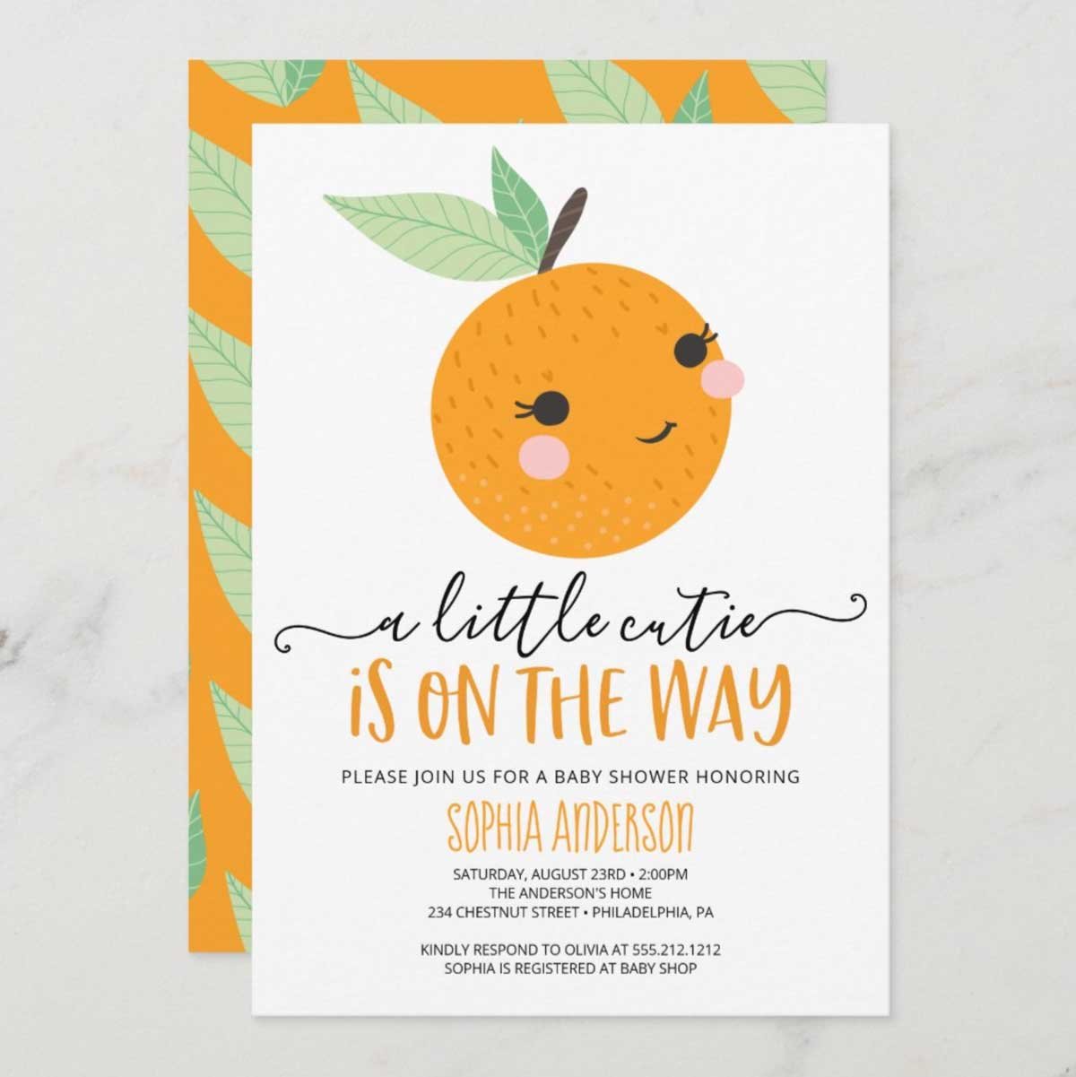 A Little Cutie is on the Way Baby Shower Invitation Editable Orange Baby Shower Invitation Orange Gender Neutral Baby Shower Invitation 0147