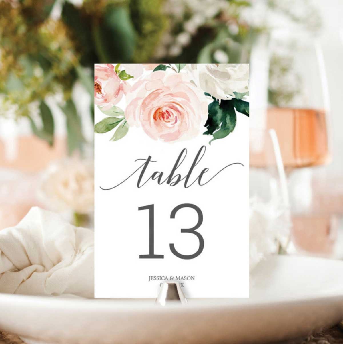 Pink Flowers Wedding table numbers