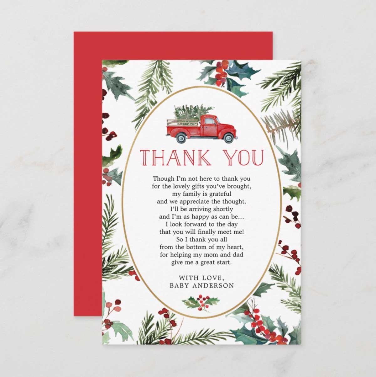red truck christmas tree baby shower thank you cards