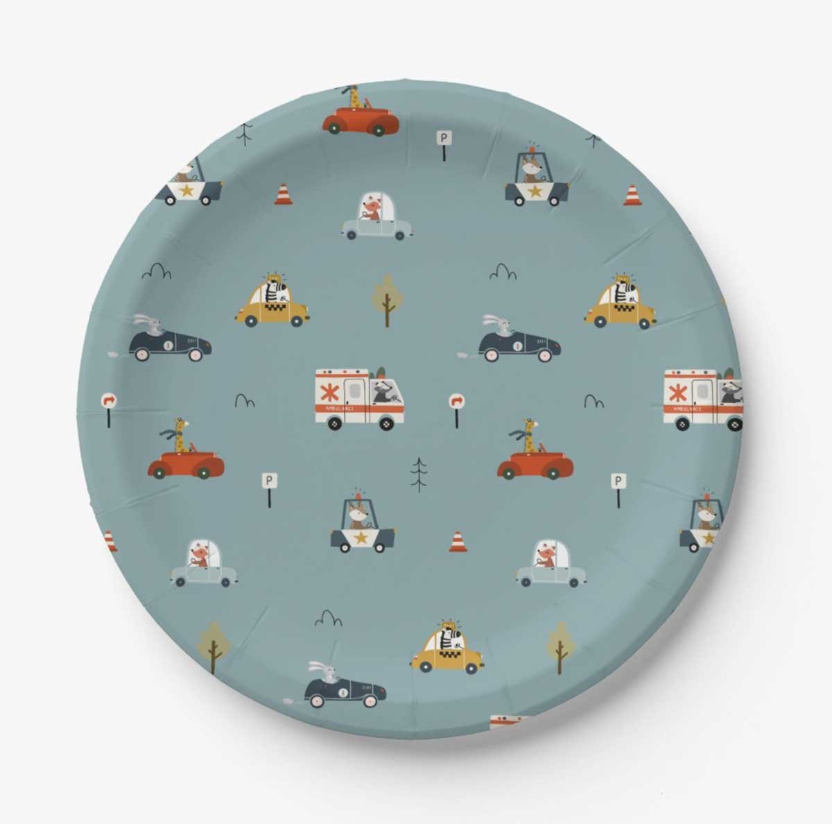 Animals driving cars paper plates