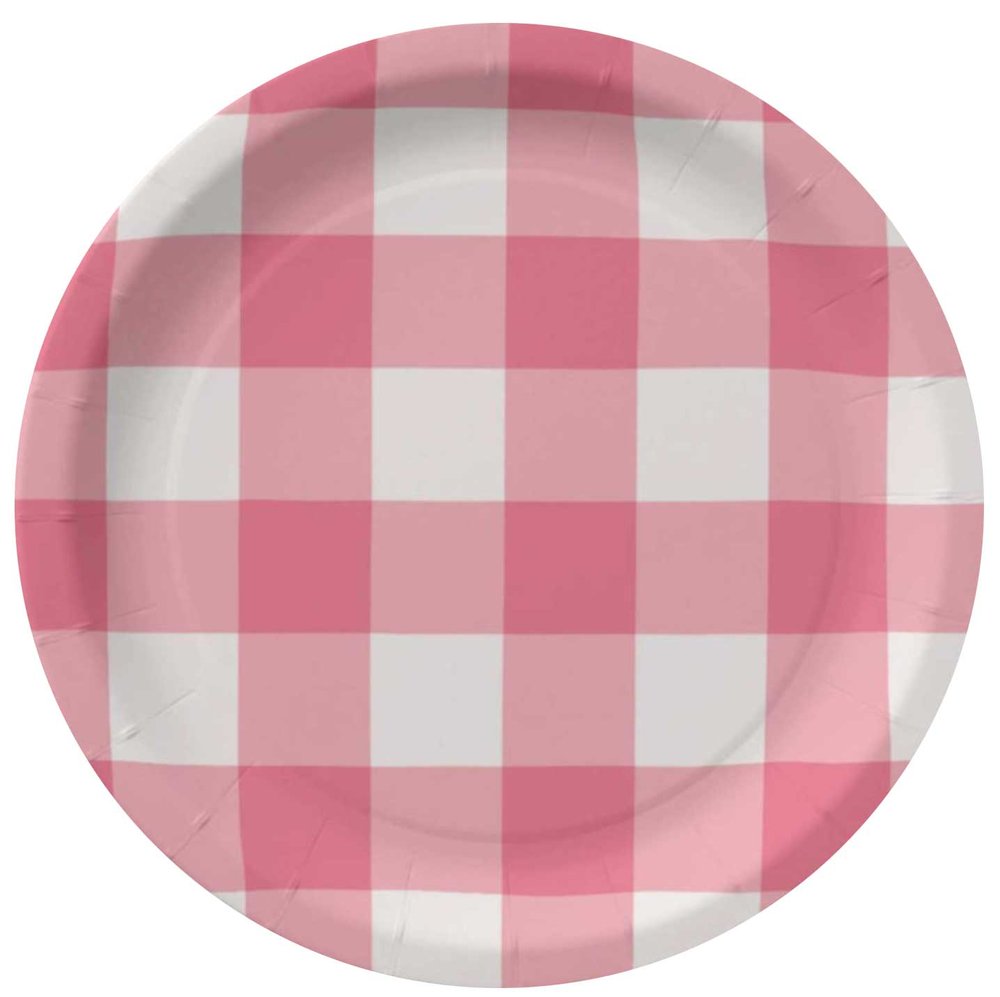 pink plaid paper plates