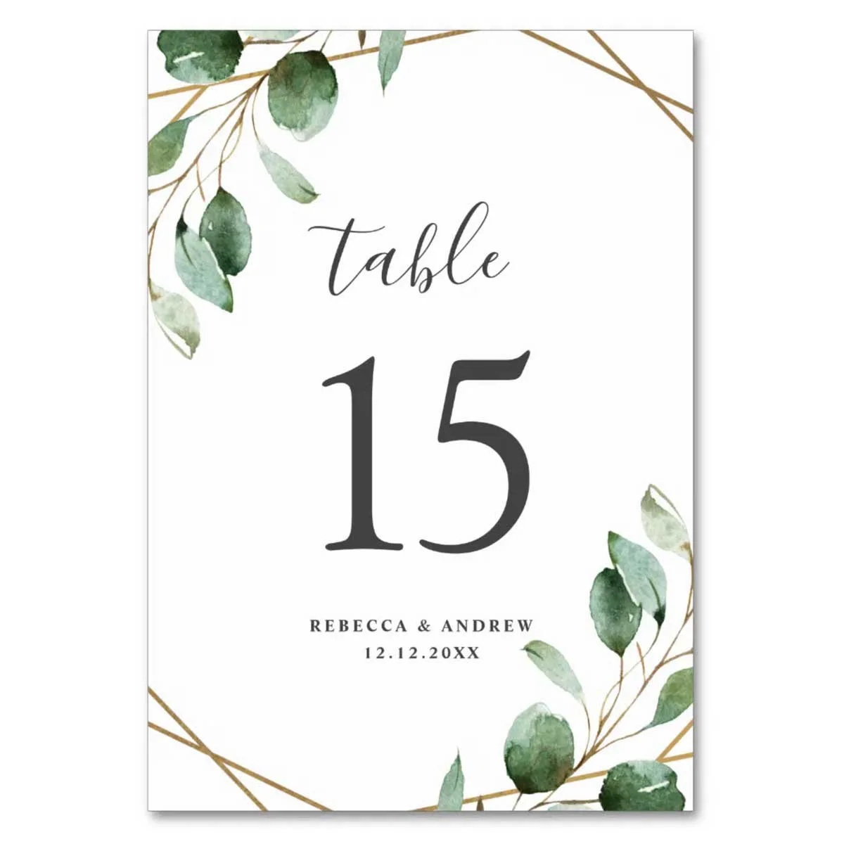 Elegant Gold Geometric Eucalyptus Greenery Wedding Table Number