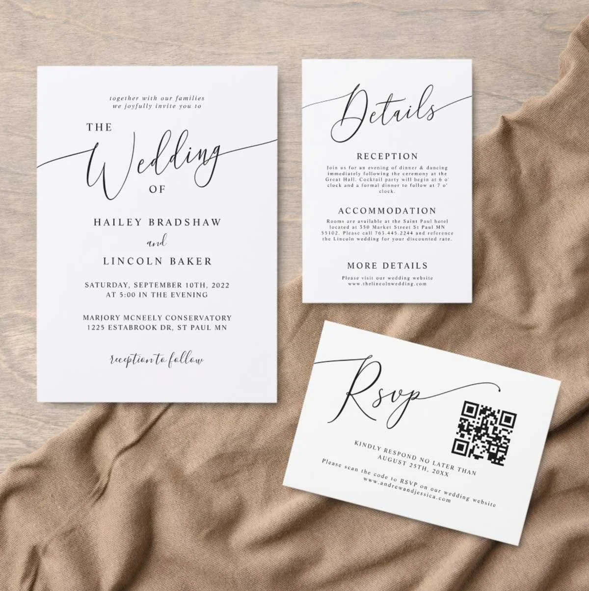 Wedding invitation, details card, rsvp card