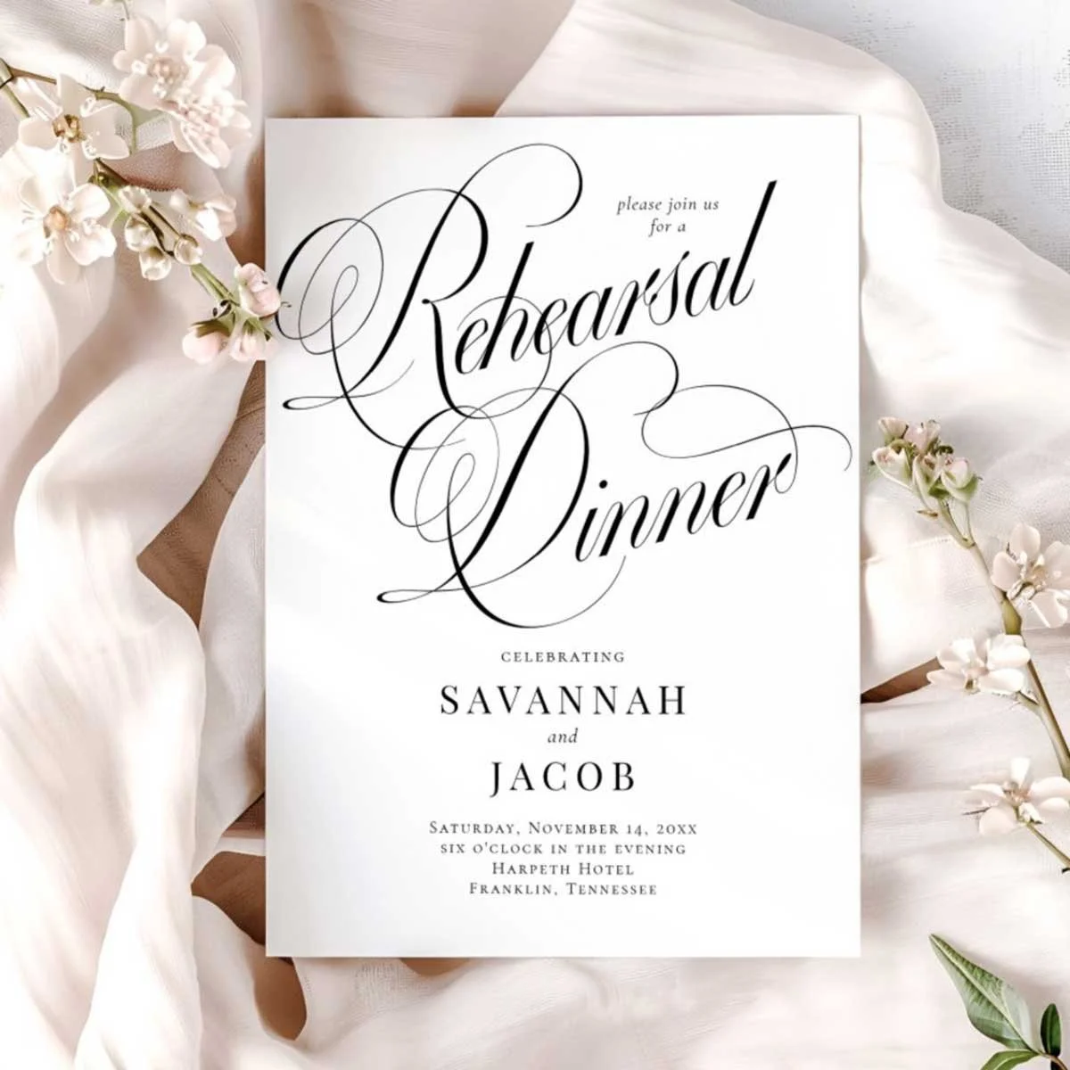 Elegant Script Black and White Rehearsal Dinner Invitation